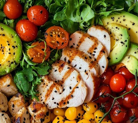 Gericht mit leckeren und reichhaltigen Zutaten wie Tomaten, Rucala, Avocado und Hähnchen